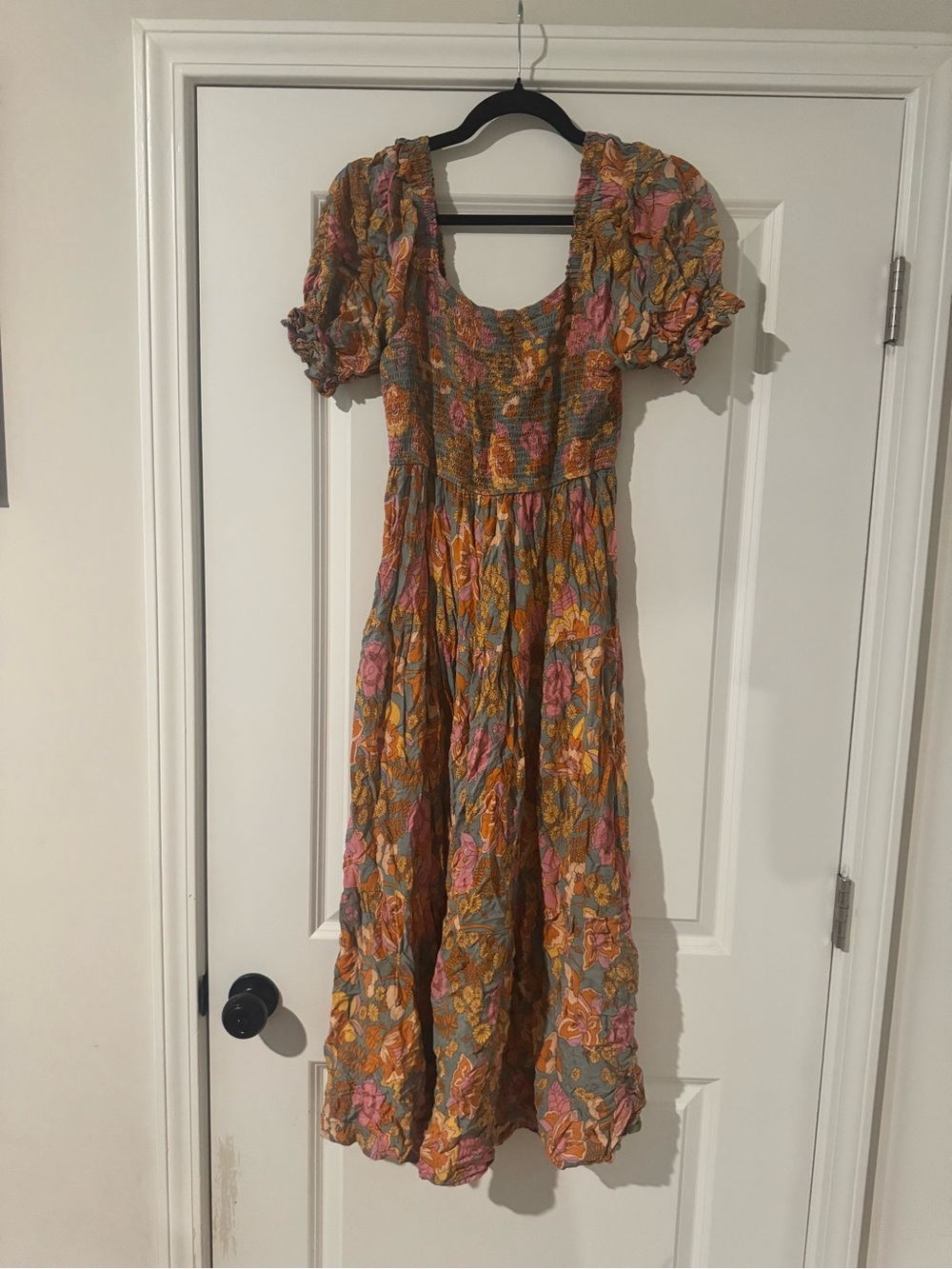 Floral Puff-Sleeve Maxi Dress in Mustard and Pink